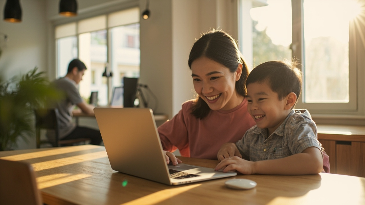 Keluarga bekerja dan belajar dari rumah dengan internet stabil XL HOME